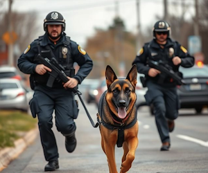A police canine with officers rushing to prevent danger to the public 