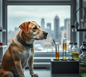 A pet in a laboratory in Western PA with test tubes in front of it 