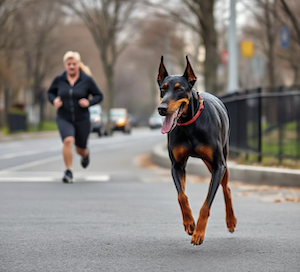 Doberman Pinscher wearing a red collar flees after causing injury to jogger on the street 