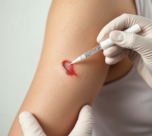 Person obtaining swab of saliva from wound to test DNA 