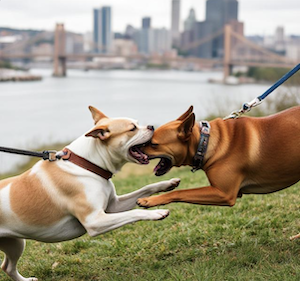 Two pets, each on a leash, starting fighting in front of a western PA city 