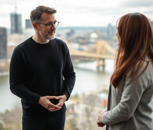 A man conversing with a female mental health specialist with the Steel City in the background 