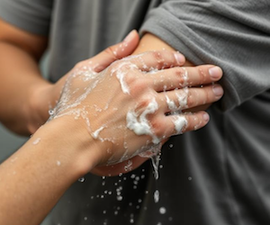 A person using soap to clean a wound to another's arm 