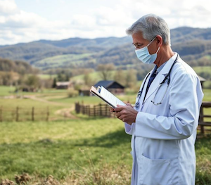 A medical doctor standing in front of a countryside in western PA