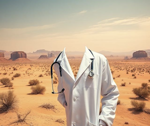 A lab coat and stethoscope in the desert, suggesting a shortage of medical care in less populated areas