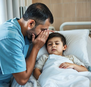 Parent suffering emotional distress from seeing a young loved one getting treatment in a hospital bed