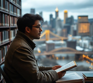 Man in a library studying the psychological effects of a dog encounter with the Three Rivers in the background 