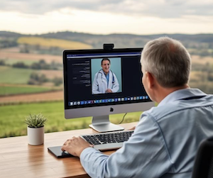 A patient doing a tele-health visit with a doctor with farmland in the background