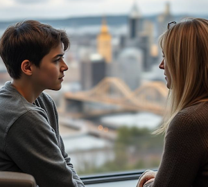 A therapist talks to a minor about PTSD with western PA in the background 