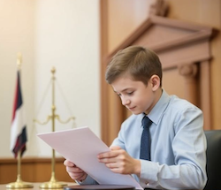 A child in court having his dog bite settlement approved by a judge 