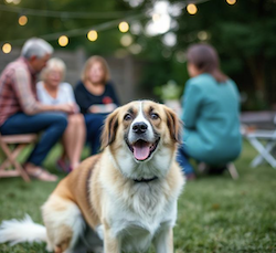 A dog at a family gathering attended by a child and other children 