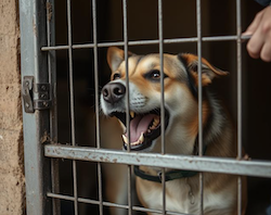 A dog behind bars at a shelter, for defendant having the burden to prove that the plaintiff was too close