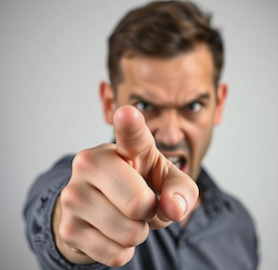 A man pointing his figure and blaming, angry, making accusations