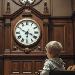 A child in court before a clock, representing the concept of time, for a child to sue