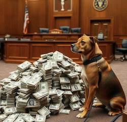 A canine beside a pile of money in a courtroom, symbolizing the idea of prejudgment interest on a verdict