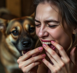 A woman stressed out after making a mistake that caused her to get injured, canine in background 