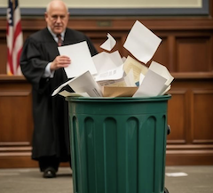 A man in a robe, a judge, throws out a case in the form of papers in an actual garbage can that's green