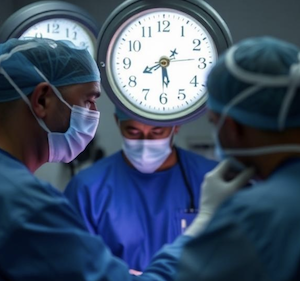Doctors treating patient with a clock above, representing the importance of having timely knowledge to correctly diagnose and avoid unnecessary treatment 