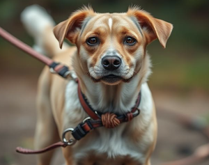 Canine on a leash that's been broken and retied several times