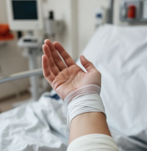 Hand and wrist of woman bitten, wrapped, while she is confused about whether the dog had rabies, uninformed