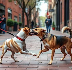 Two canines fighting on the street, one on leash