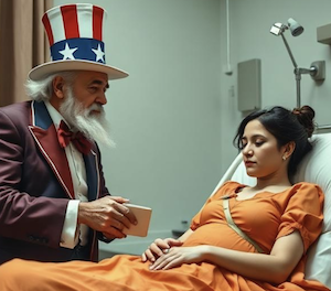 Uncle Sam visits injured person in her hospital bed
