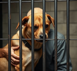 A man sits behind bars in jail, with is dog, illustrating how a canine owner can be prosecuted for the conduct of his pet
