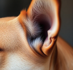 A close up of a dog's ear, illustrating the hearing capability