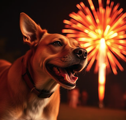 A dog with it's jaws opened, beneath a fireworks display on the 4th of July 