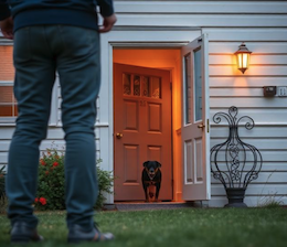 A dog in the doorway of another's home 