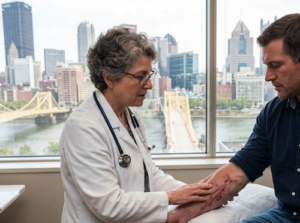A female doctor looks at a scar to evaluate treatment options and permanency