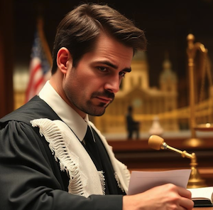 A judge on the bench, with the City of Bridges in the background 