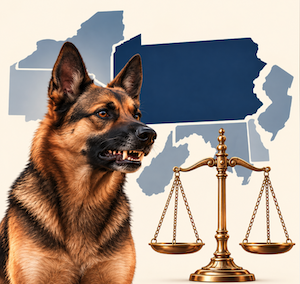 A German Shepherd next to a scale of justice in front of images of five states, symbolizing the differences in state law