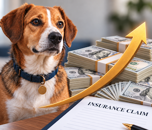 A dog near an arrow suggesting insurance payouts are rising with paper currency in the background